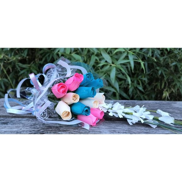 1 Dozen Gender Reveal Wooden Rose Flower Bouquet. The Original Wooden Rose - Picture 5 of 9